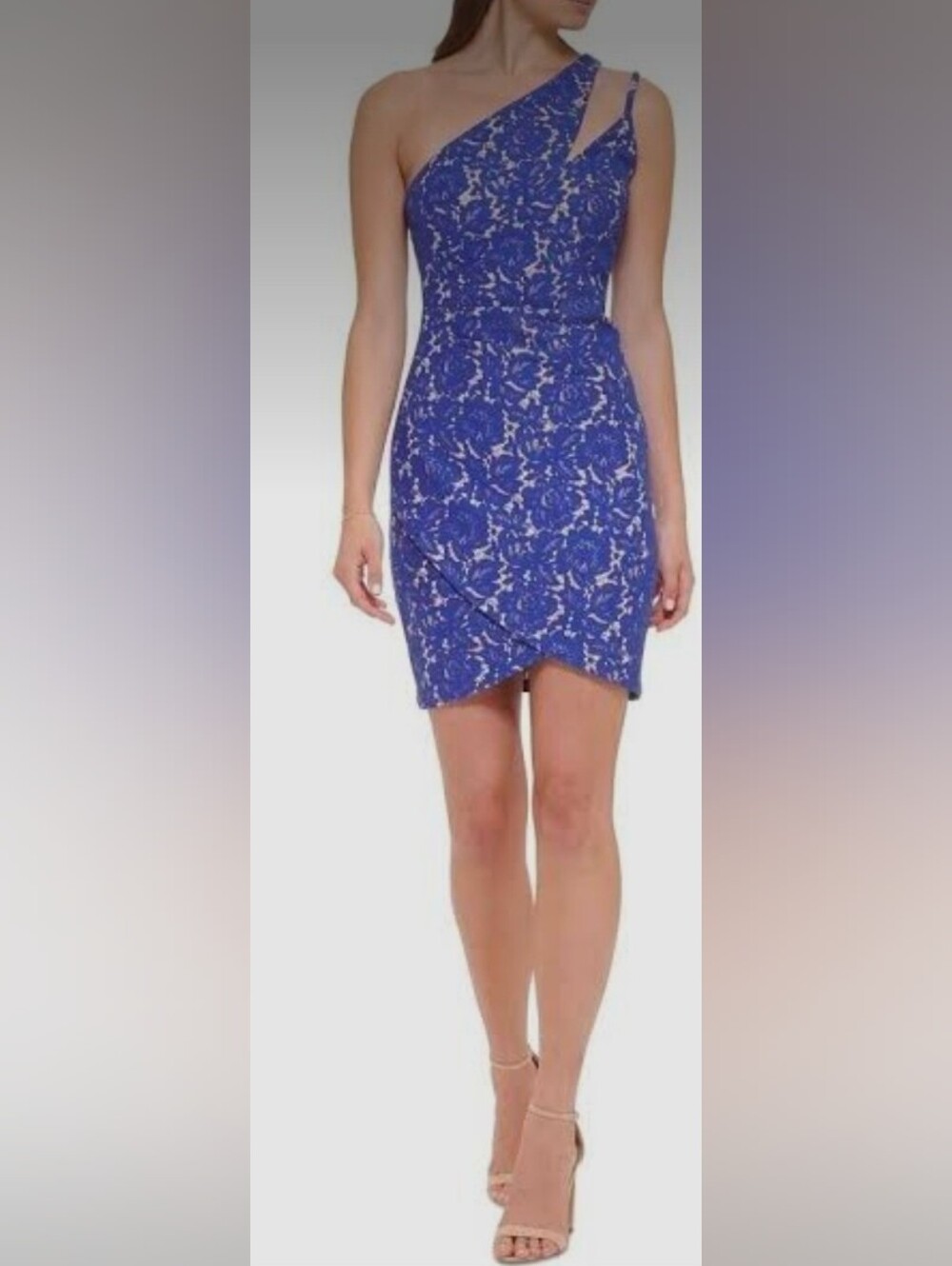 Guess One-Shoulder Navy Dress with Nude Lace Overlay